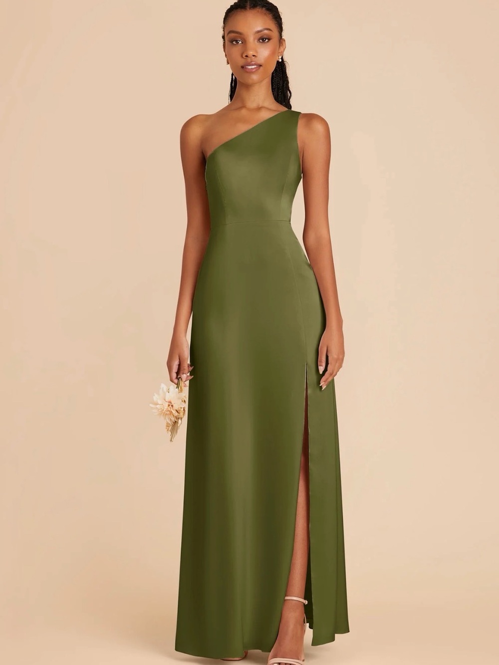 Birdy Grey Kira Matte Satin Martini One Shoulder Olive Gown Side Slit Med Flaw